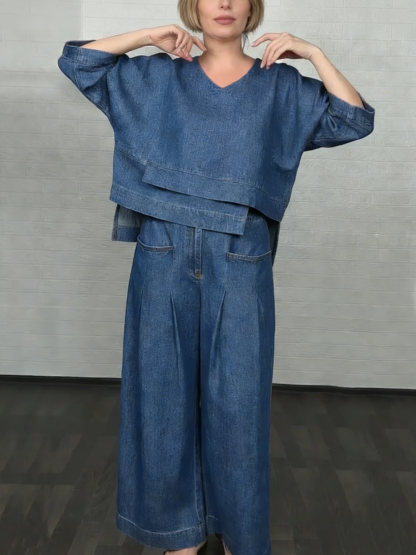 Women's Casual Denim Cotton Top And Pants Two-piece Set