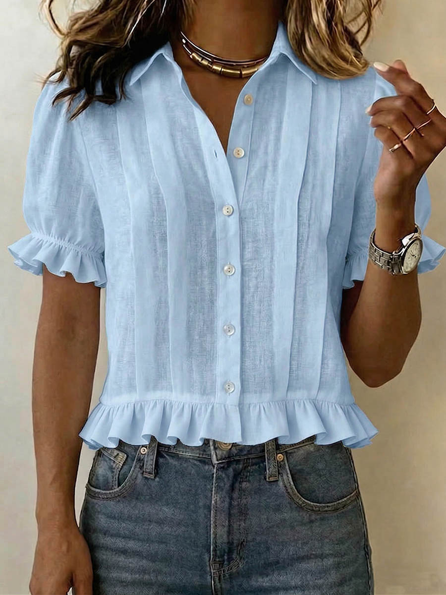 Women's Solid-color Short-sleeve Casual Loose Cotton-linen Shirt With Cardigan Collar