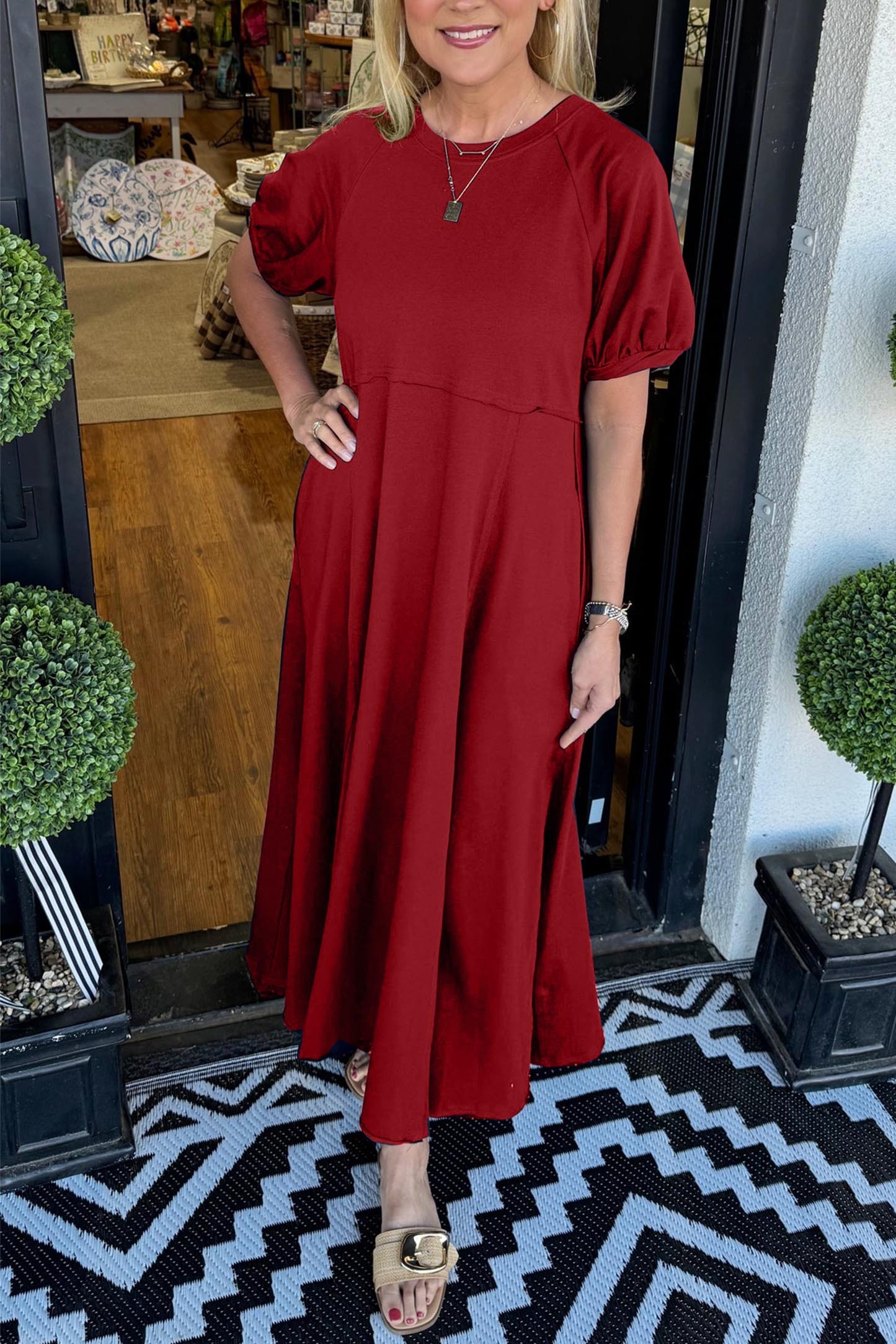 🔥Women's Solid Color Puff Sleeve Round Neck Long Dress（Buy 2 Free Shipping）