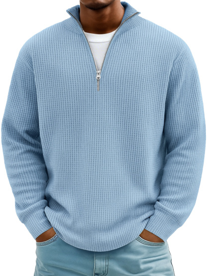 Men's Casual Simple Breathable Fabric Stand Collar Zipper Long Sleeve T-shirt