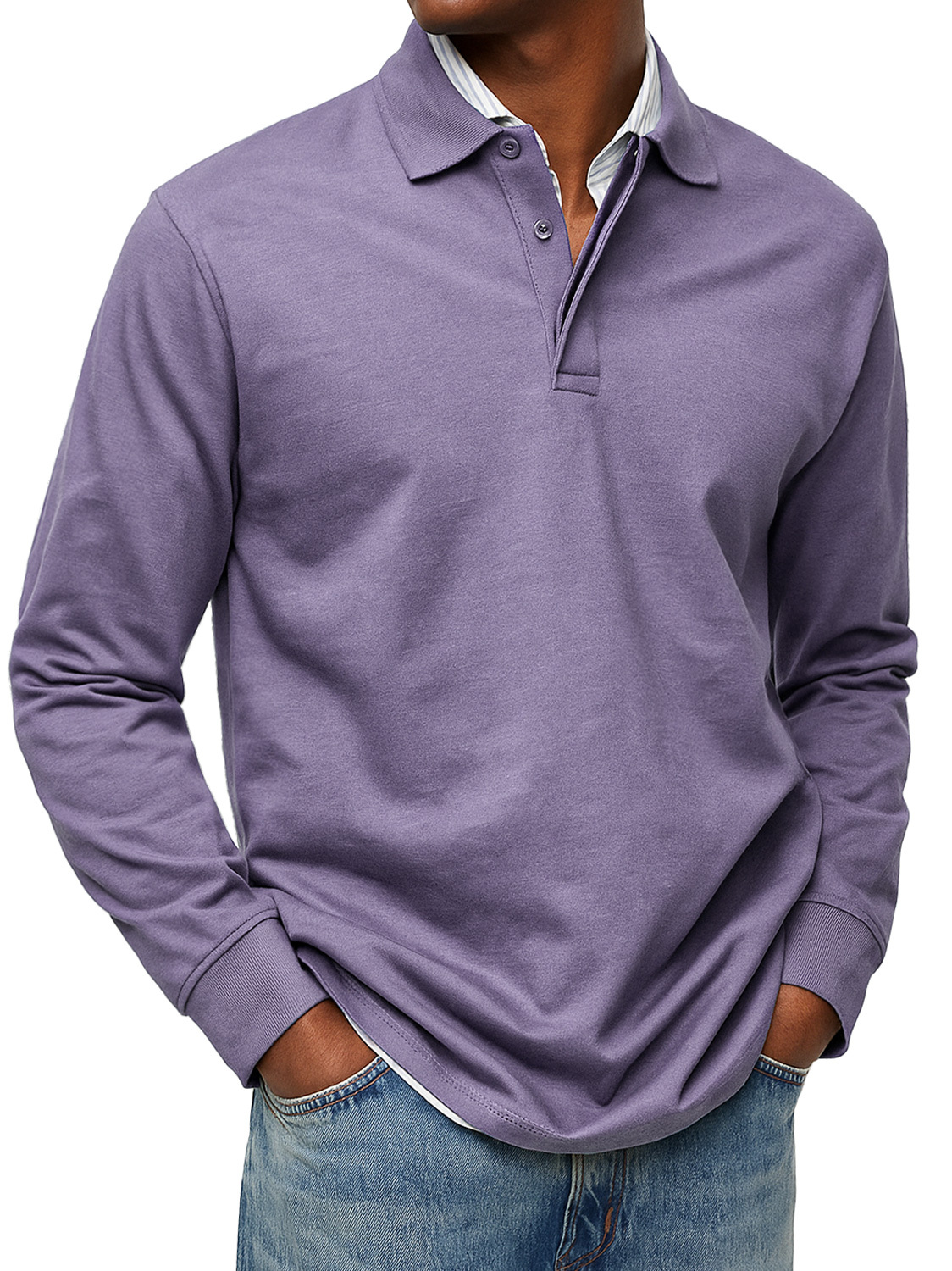 Men's Daily Double-layer Lapel Button-down Solid Color Long-sleeved Polo Shirt