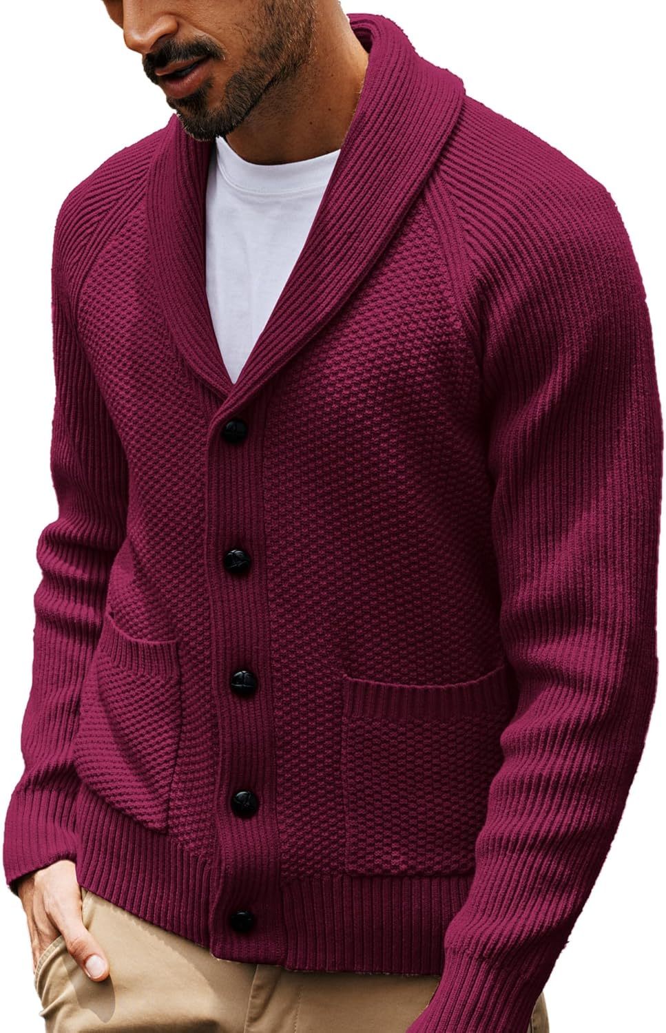 Men's Shawl Collar Button-Down Cardigan Knitted Textured Sweater