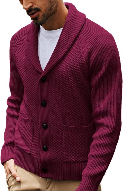 Men's Shawl Collar Button-Down Cardigan Knitted Textured Sweater