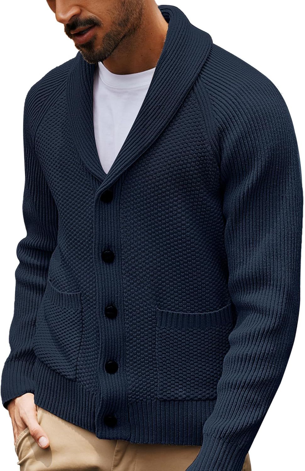 Men's Shawl Collar Button-Down Cardigan Knitted Textured Sweater