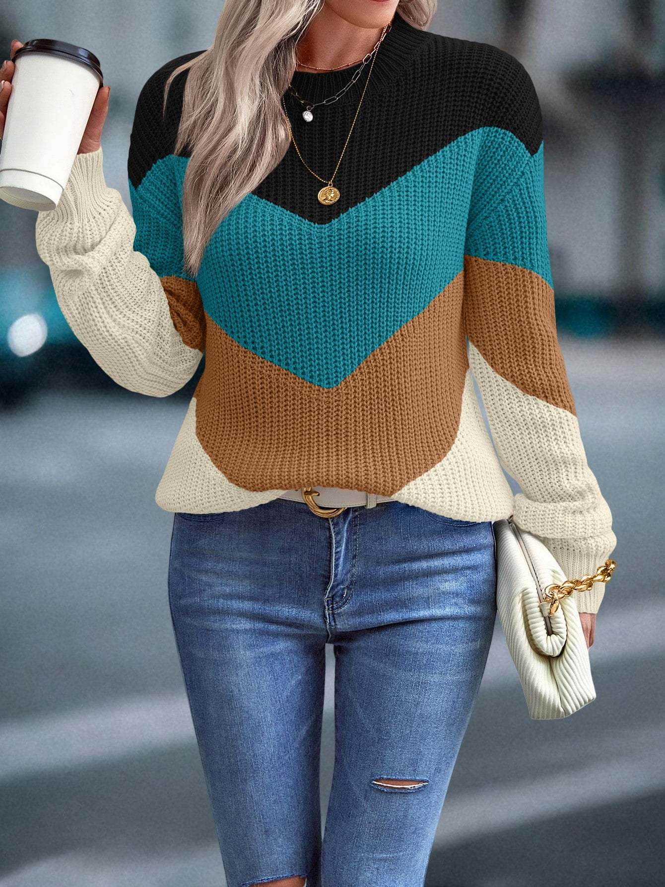 Women's 2024 Sweater Regular Fit Colorblock Pattern Drop Shoulder Sweater Long Sleeve Round Neck Casual Knit Jumper Tops
