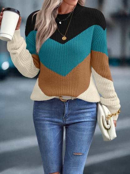 Women's 2024 Sweater Regular Fit Colorblock Pattern Drop Shoulder Sweater Long Sleeve Round Neck Casual Knit Jumper Tops