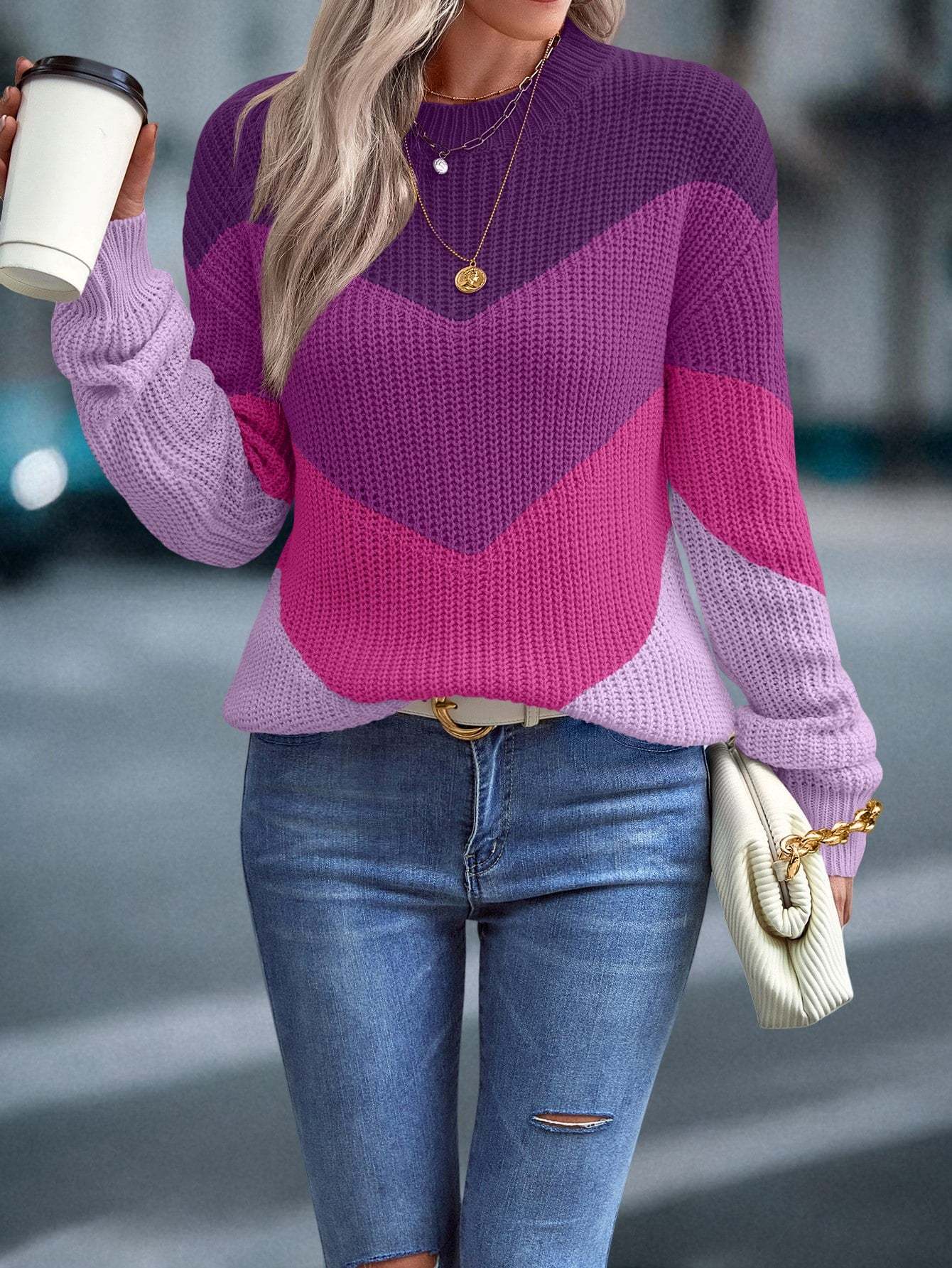 Women's 2024 Sweater Regular Fit Colorblock Pattern Drop Shoulder Sweater Long Sleeve Round Neck Casual Knit Jumper Tops