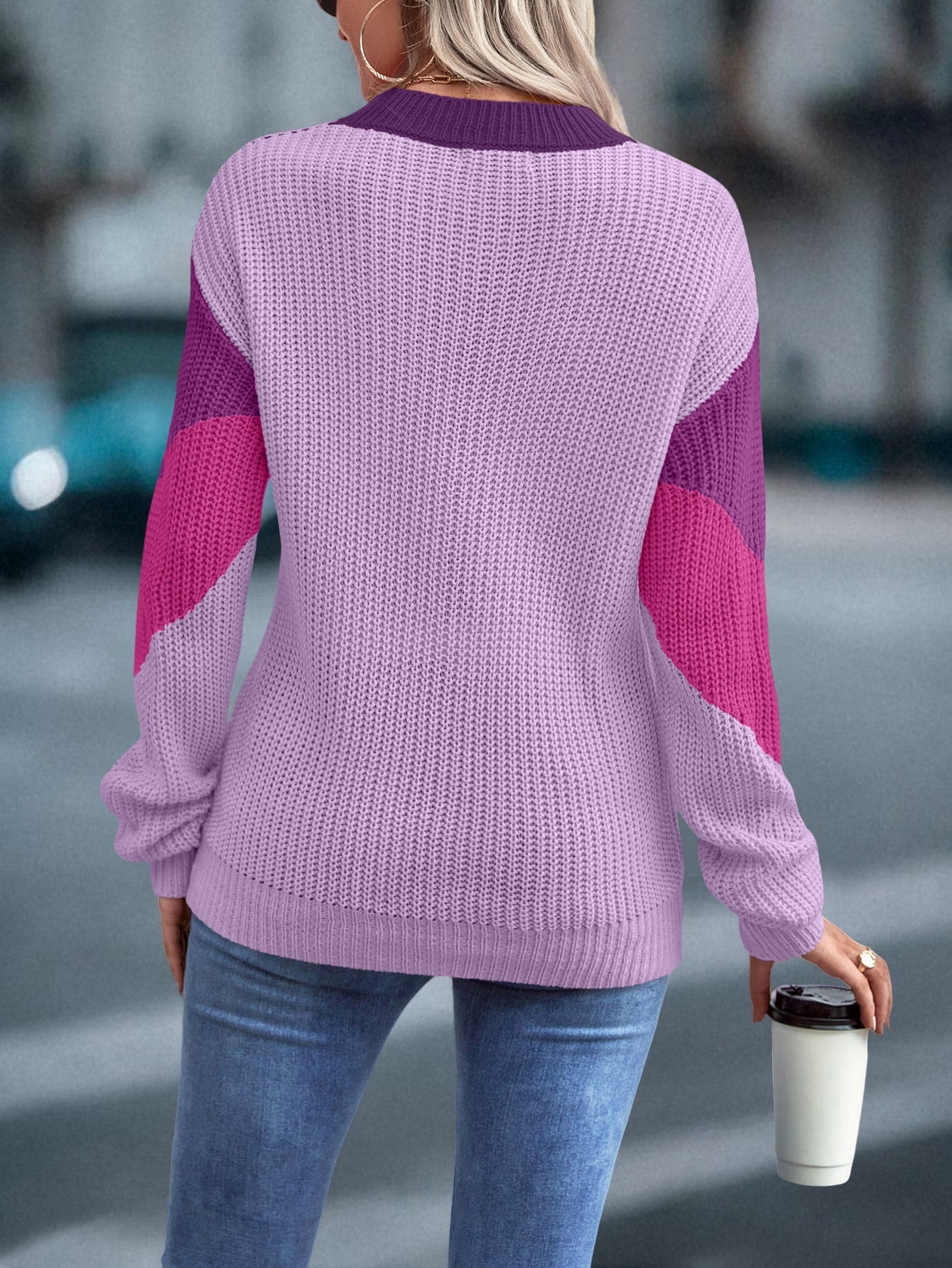 Women's 2024 Sweater Regular Fit Colorblock Pattern Drop Shoulder Sweater Long Sleeve Round Neck Casual Knit Jumper Tops