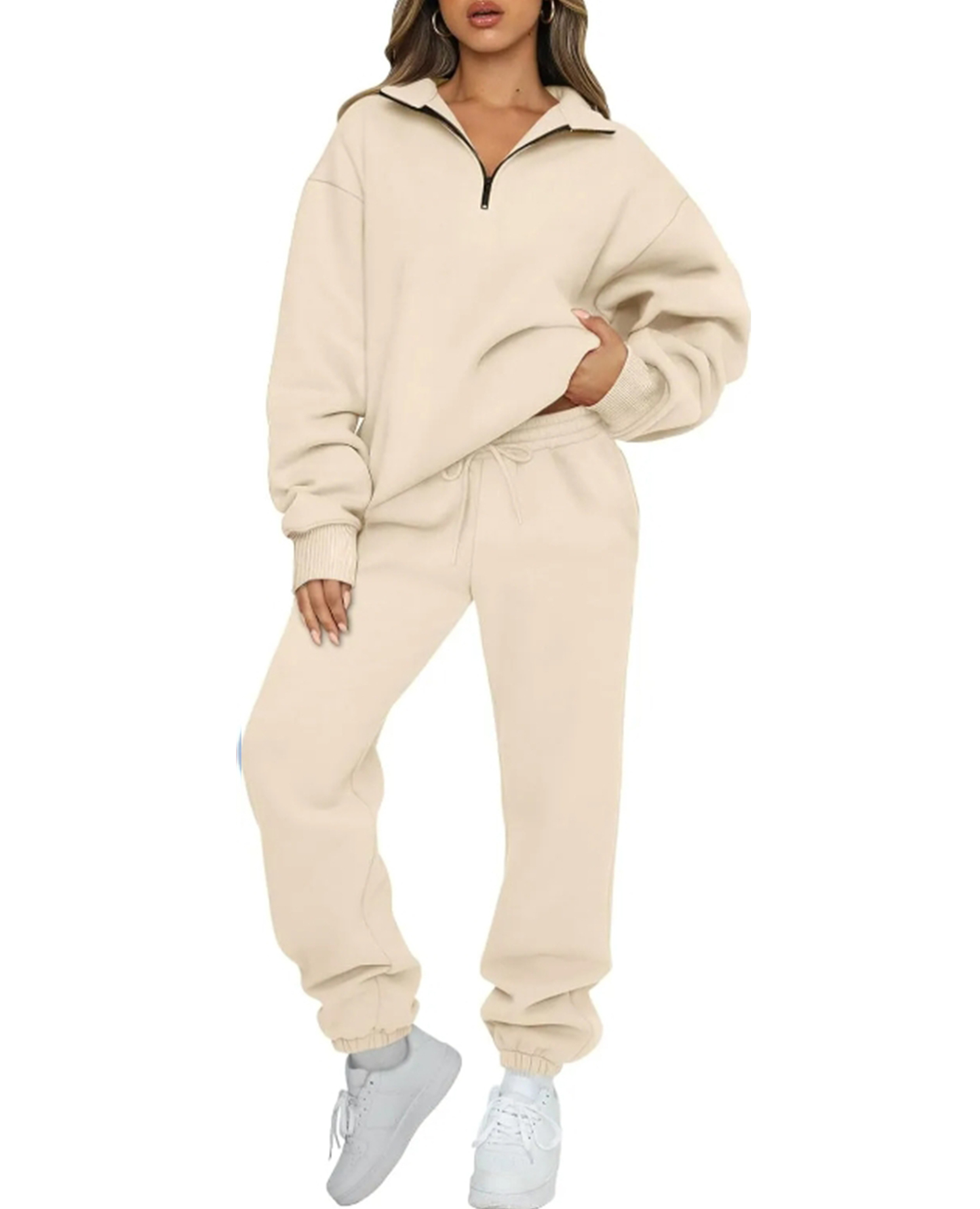 💖 New 💃 Women's Sweatsuits 2 Piece Outfits Long Sleeve Half Zip Pullover and Baggy Sweatpants with Pockets