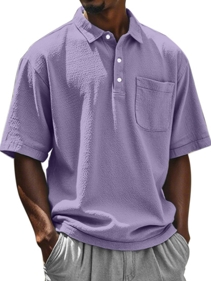 Men's Daily Solid Color Textured Lapel Short-sleeved Polo Shirt