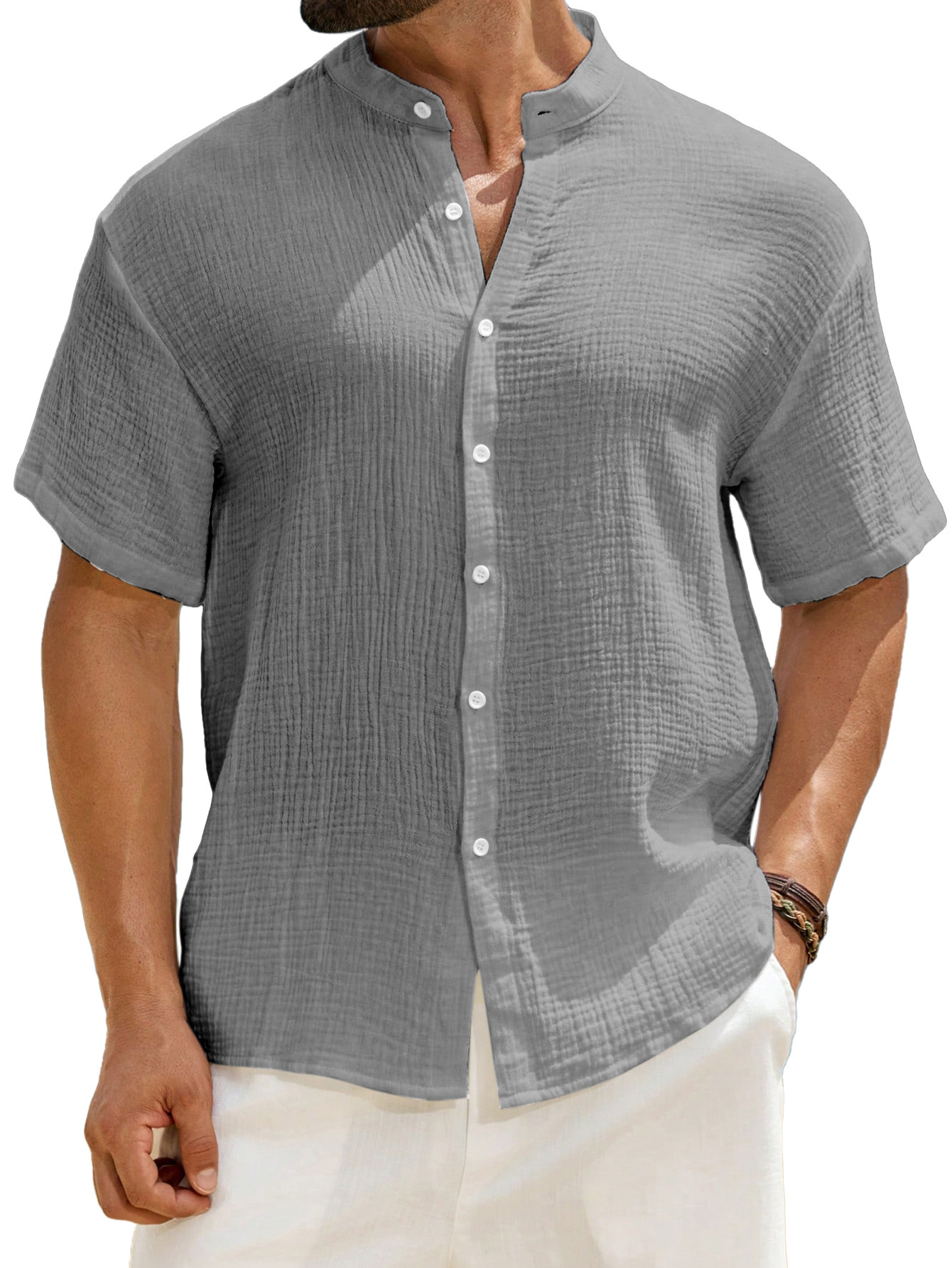 Men's Casual Solid Color Breathable Pleated Texture Stand Collar Short-sleeved Button-down Shirt