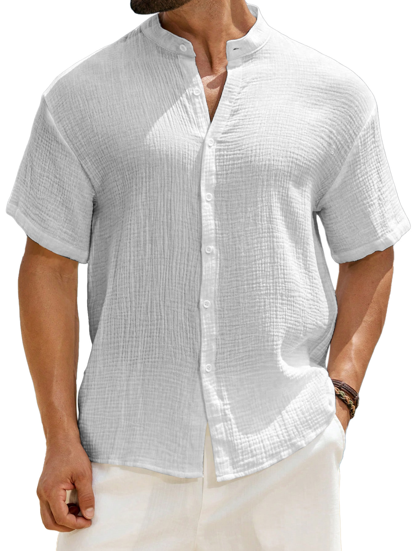 Men's Casual Solid Color Breathable Pleated Texture Stand Collar Short-sleeved Button-down Shirt