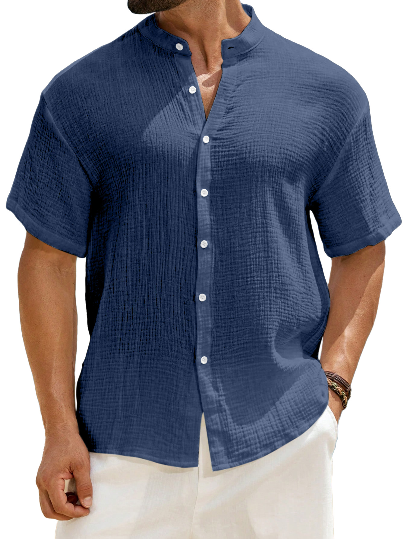 Men's Casual Solid Color Breathable Pleated Texture Stand Collar Short-sleeved Button-down Shirt