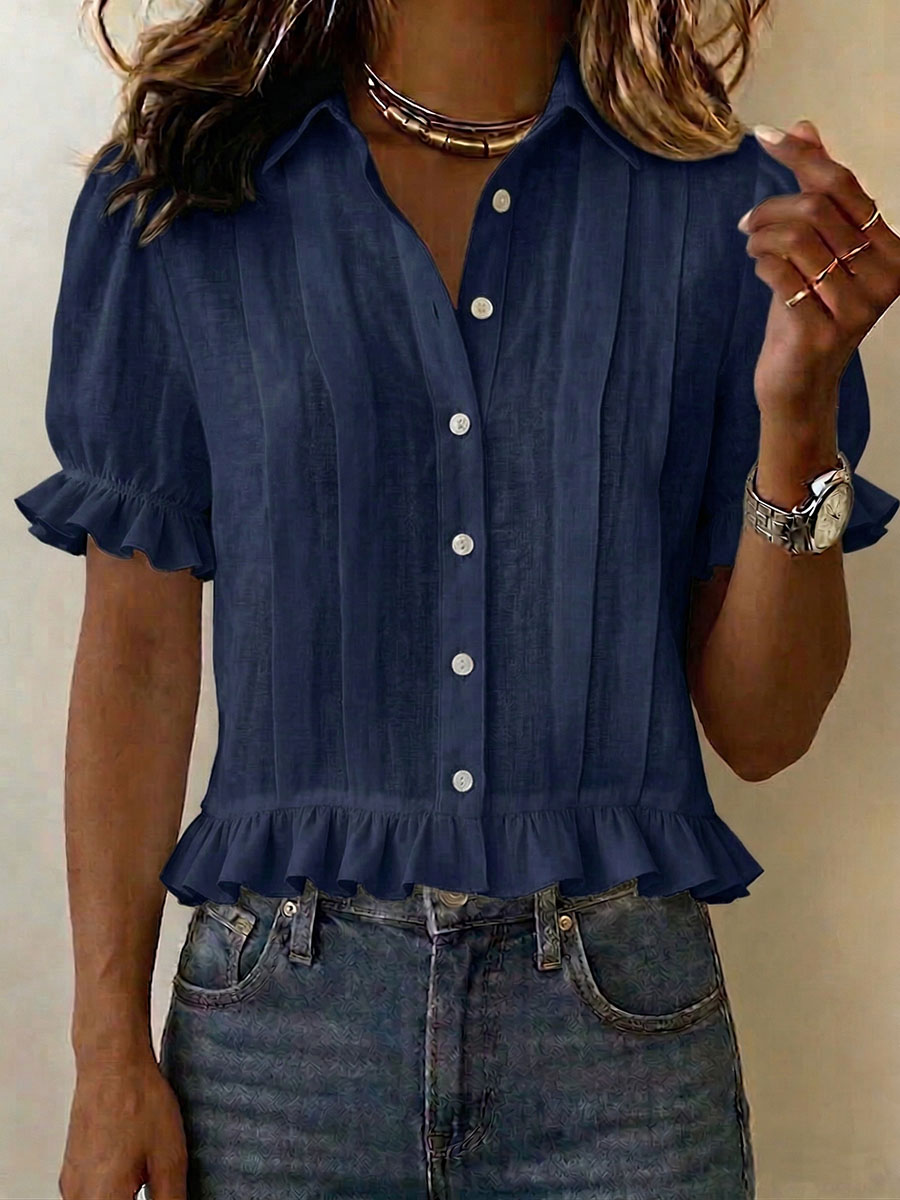 Women's Solid-color Short-sleeve Casual Loose Cotton-linen Shirt With Cardigan Collar