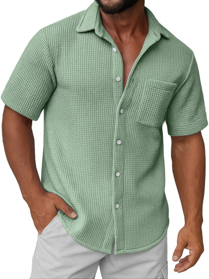 Men's Daily Waffle Texture Casual Pocket Comfort Short Sleeve Shirt