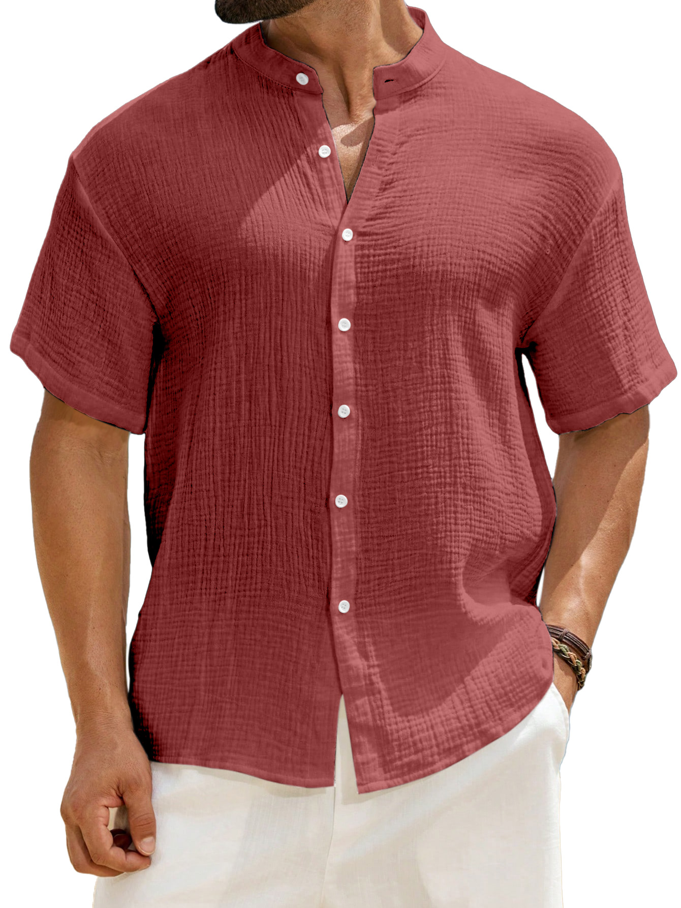 Men's Casual Solid Color Breathable Pleated Texture Stand Collar Short-sleeved Button-down Shirt