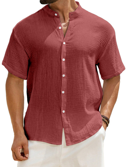 Men's Casual Solid Color Breathable Pleated Texture Stand Collar Short-sleeved Button-down Shirt