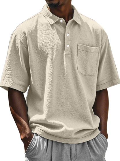 Men's Daily Solid Color Textured Lapel Short-sleeved Polo Shirt