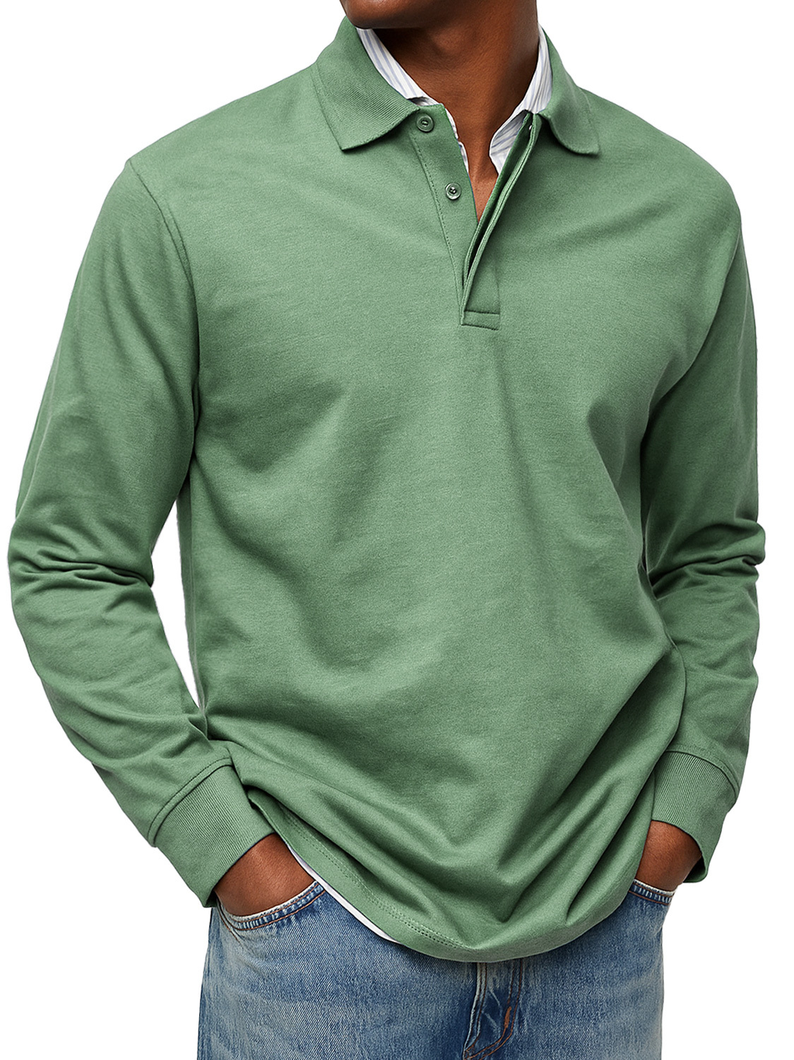 Men's Daily Double-layer Lapel Button-down Solid Color Long-sleeved Polo Shirt
