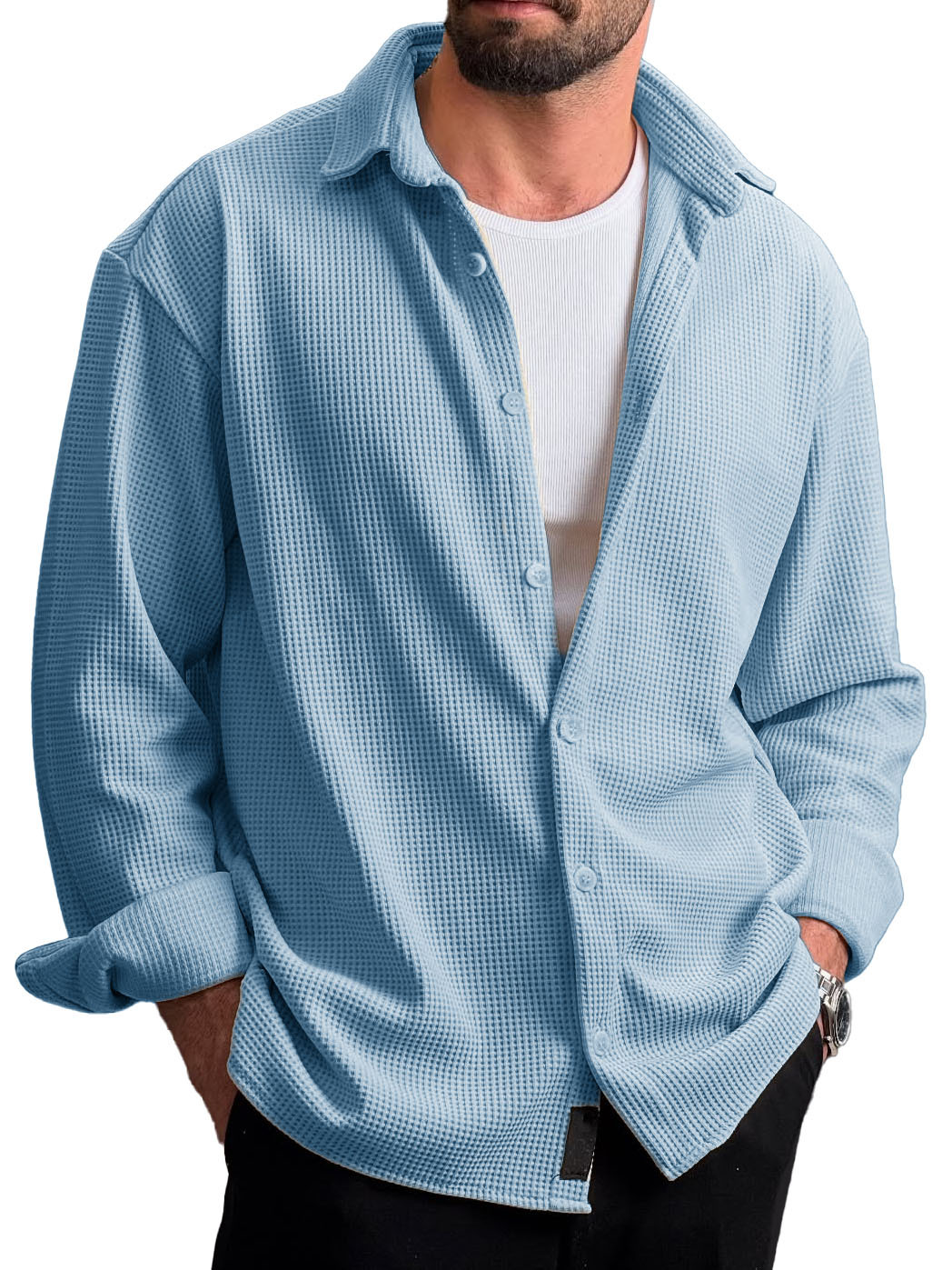 Men's Stylish Everyday Casual Waffle Fabric Lapel Long-sleeved Shirt