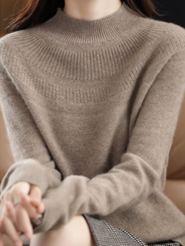 Office Raglan Sleeve Hollow Solid Color High-Neck Sweater Tops