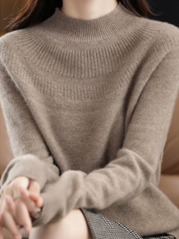 Office Raglan Sleeve Hollow Solid Color High-Neck Sweater Tops