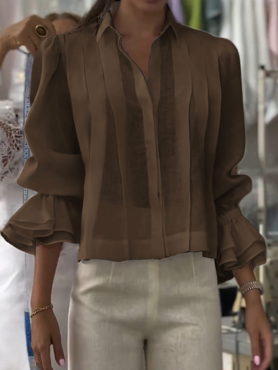 Women's Solid Color Lapel Long Sleeve Casual Loose Linen Cardigan Top