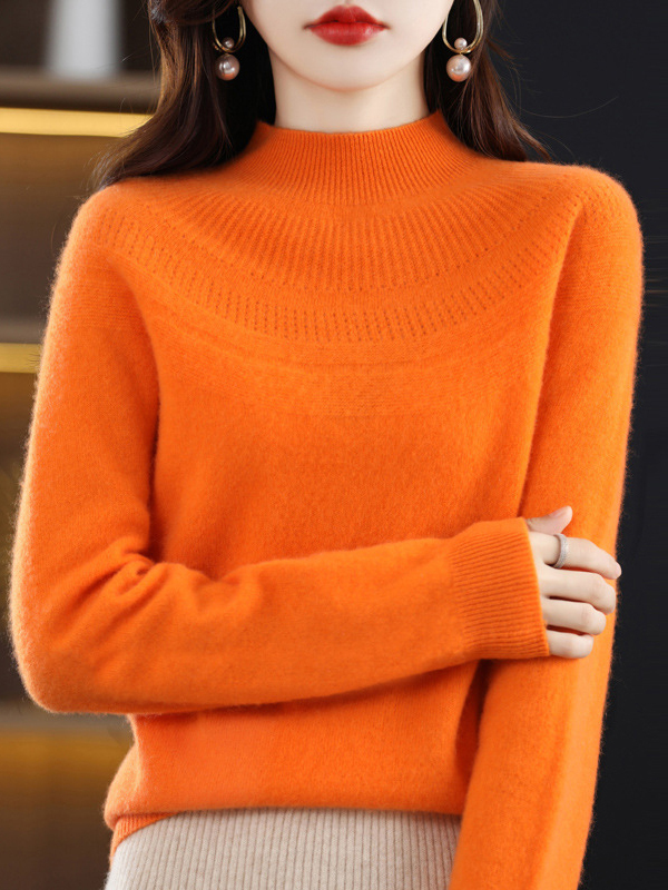 Office Raglan Sleeve Hollow Solid Color High-Neck Sweater Tops