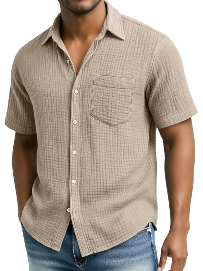 Men's Daily Pleated Texture Casual Pocket Comfort Short Sleeve Shirt