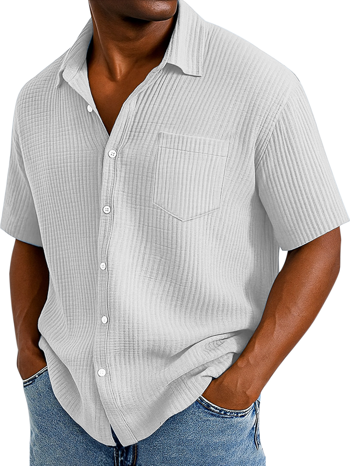 Men's Casual Cotton Breathable Pleated Pocket Short Sleeve Lapel Shirt