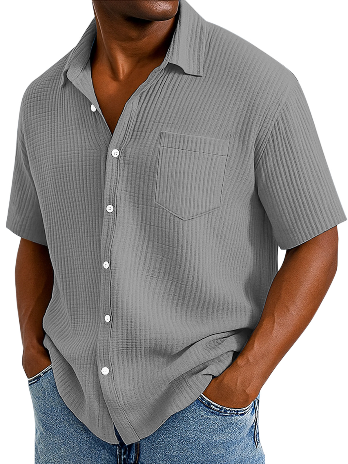 Men's Casual Cotton Breathable Pleated Pocket Short Sleeve Lapel Shirt