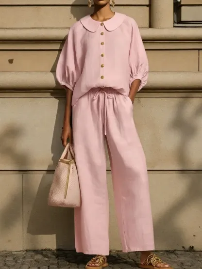 New Arrivals🔥Stylish Peter Pan Collar Shirt And Wide-leg Pant Linen Two-piece Set