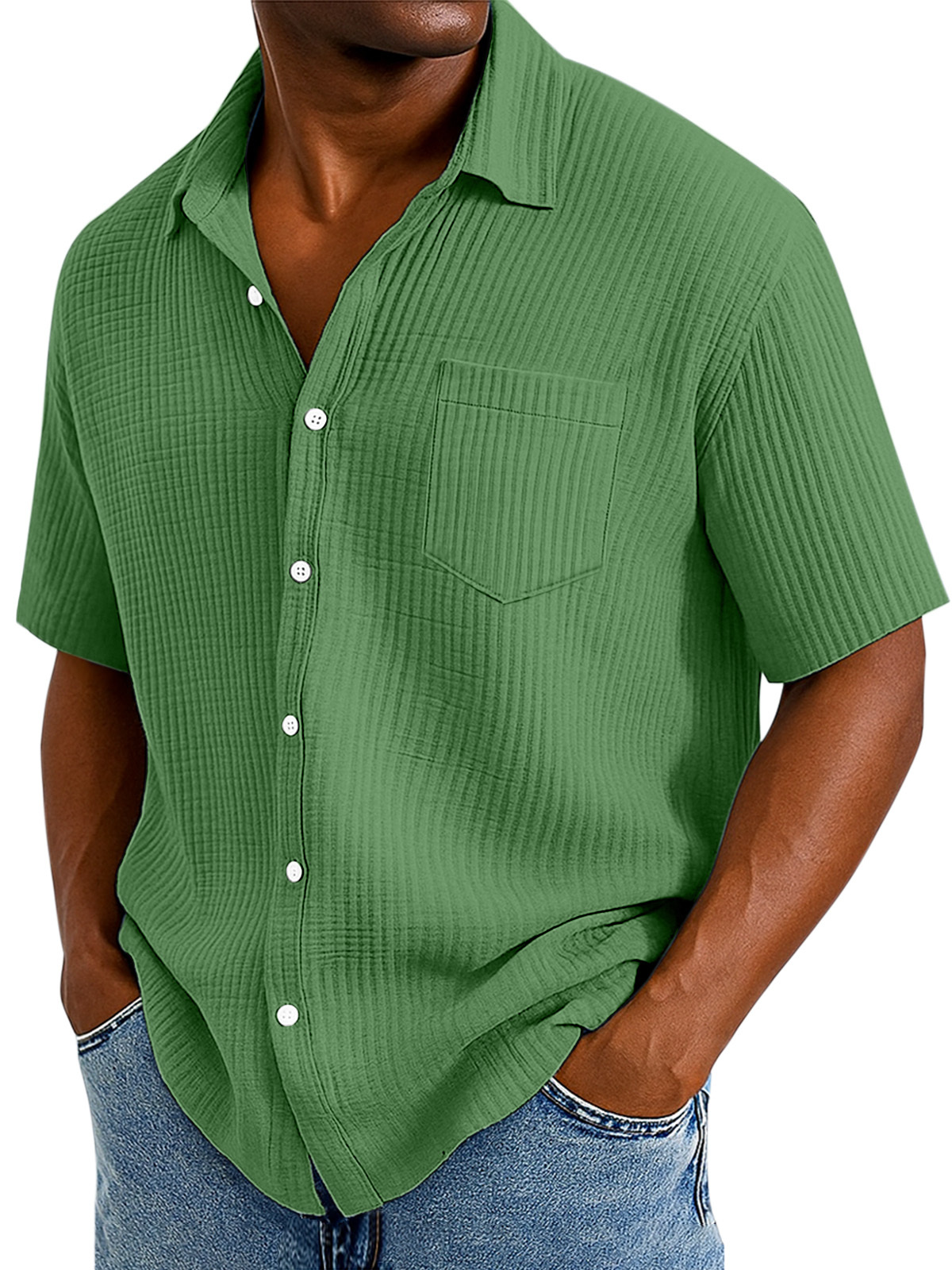 Men's Casual Cotton Breathable Pleated Pocket Short Sleeve Lapel Shirt