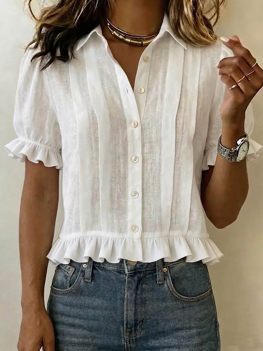 Women's Solid-color Short-sleeve Casual Loose Cotton-linen Shirt With Cardigan Collar