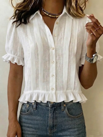 Women's Solid-color Short-sleeve Casual Loose Cotton-linen Shirt With Cardigan Collar