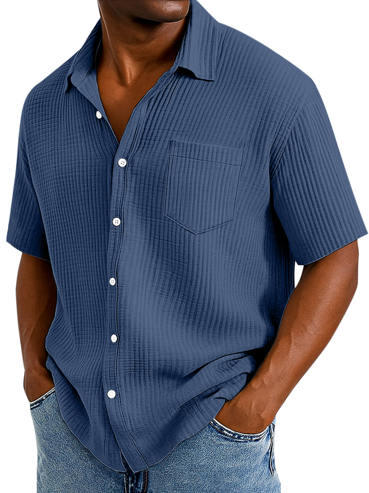 Men's Casual Cotton Breathable Pleated Pocket Short Sleeve Lapel Shirt