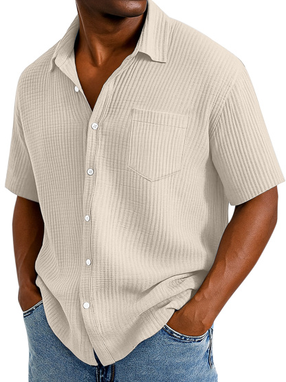 Men's Casual Cotton Breathable Pleated Pocket Short Sleeve Lapel Shirt