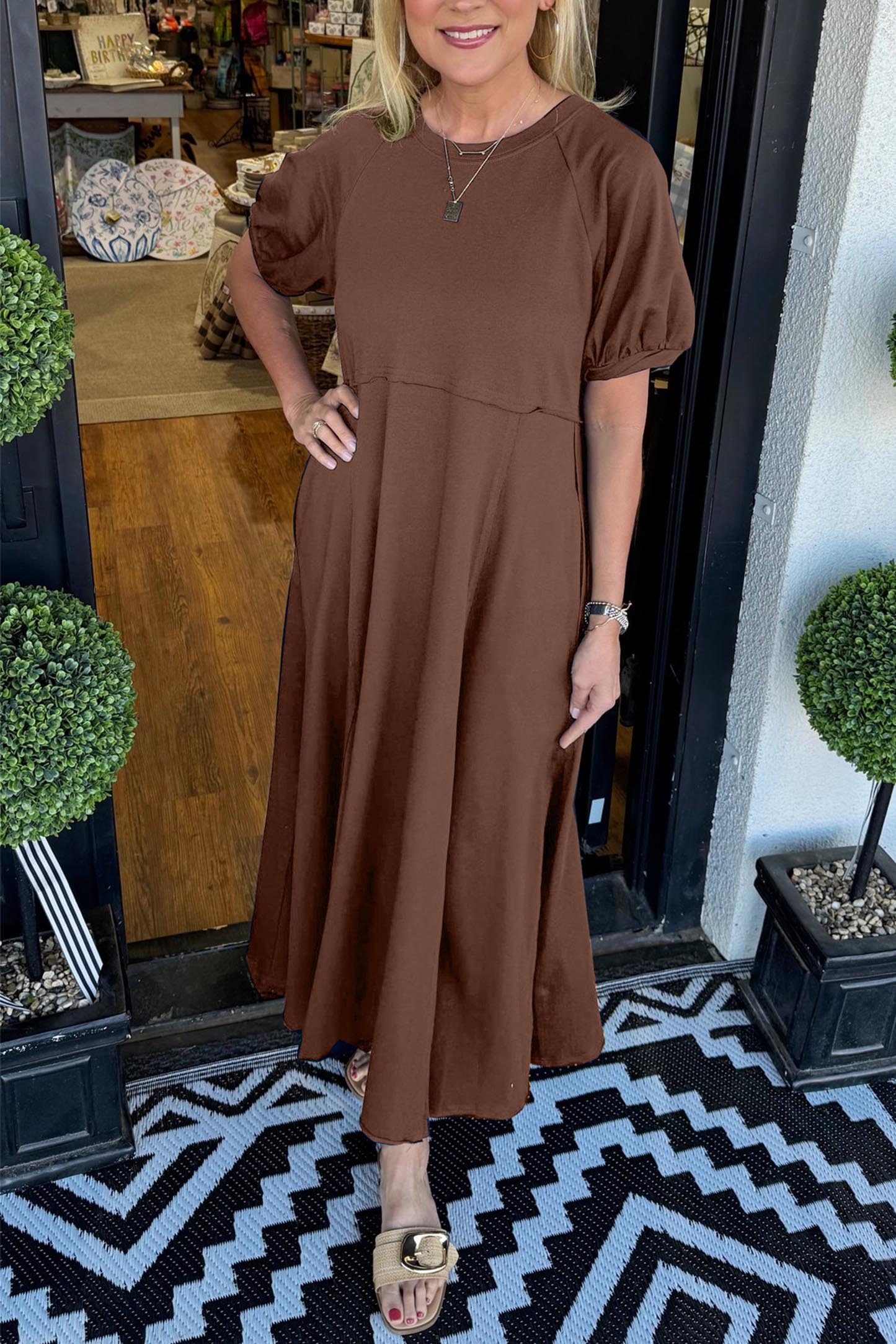 🔥Women's Solid Color Puff Sleeve Round Neck Long Dress（Buy 2 Free Shipping）