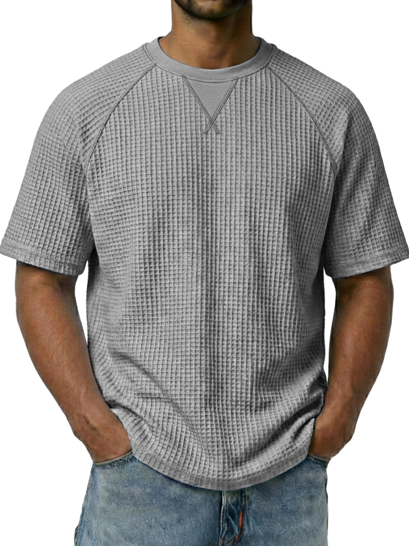 Men's Waffle-knit Crew Neck Raglan Sleeve Casual Short-sleeved T-shirt
