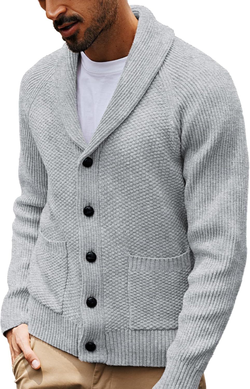 Men's Shawl Collar Button-Down Cardigan Knitted Textured Sweater