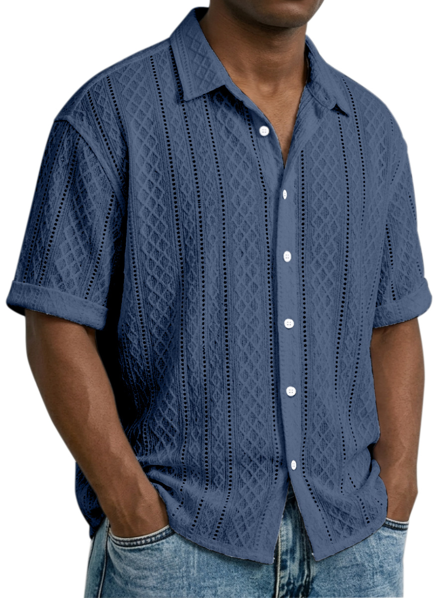 Men's Daily Casual Solid Color Textured Lapel Short-sleeved Shirt