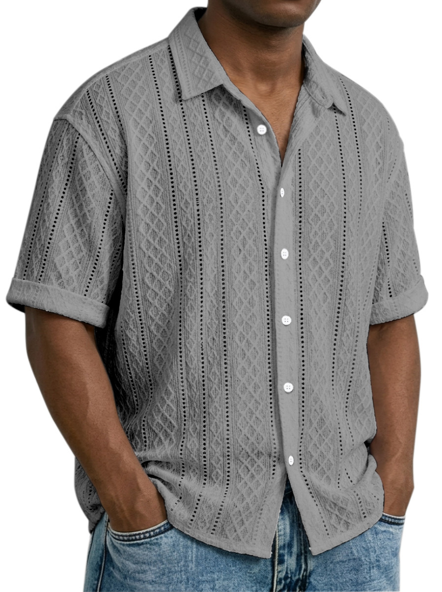 Men's Daily Casual Solid Color Textured Lapel Short-sleeved Shirt