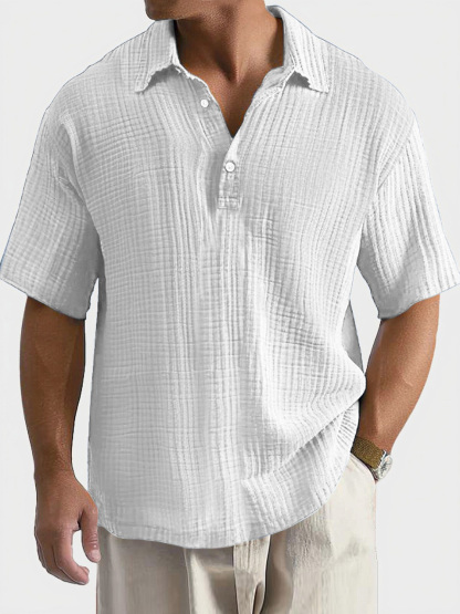 Men's Casual, Comfortable, Breathable Pleated Texture Button Short-sleeved Polo Shirt