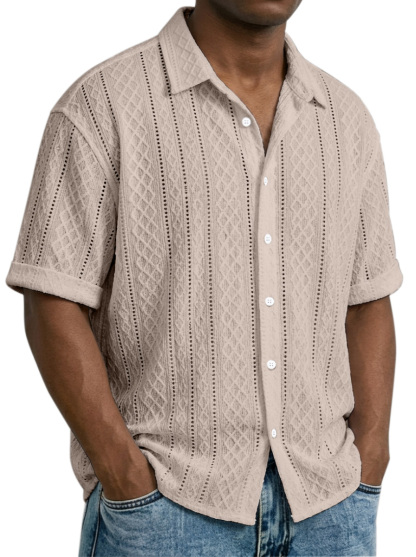 Men's Daily Casual Solid Color Textured Lapel Short-sleeved Shirt