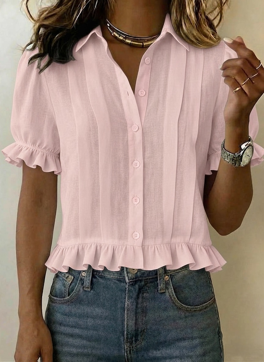 Women's Solid-color Short-sleeve Casual Loose Cotton-linen Shirt With Cardigan Collar