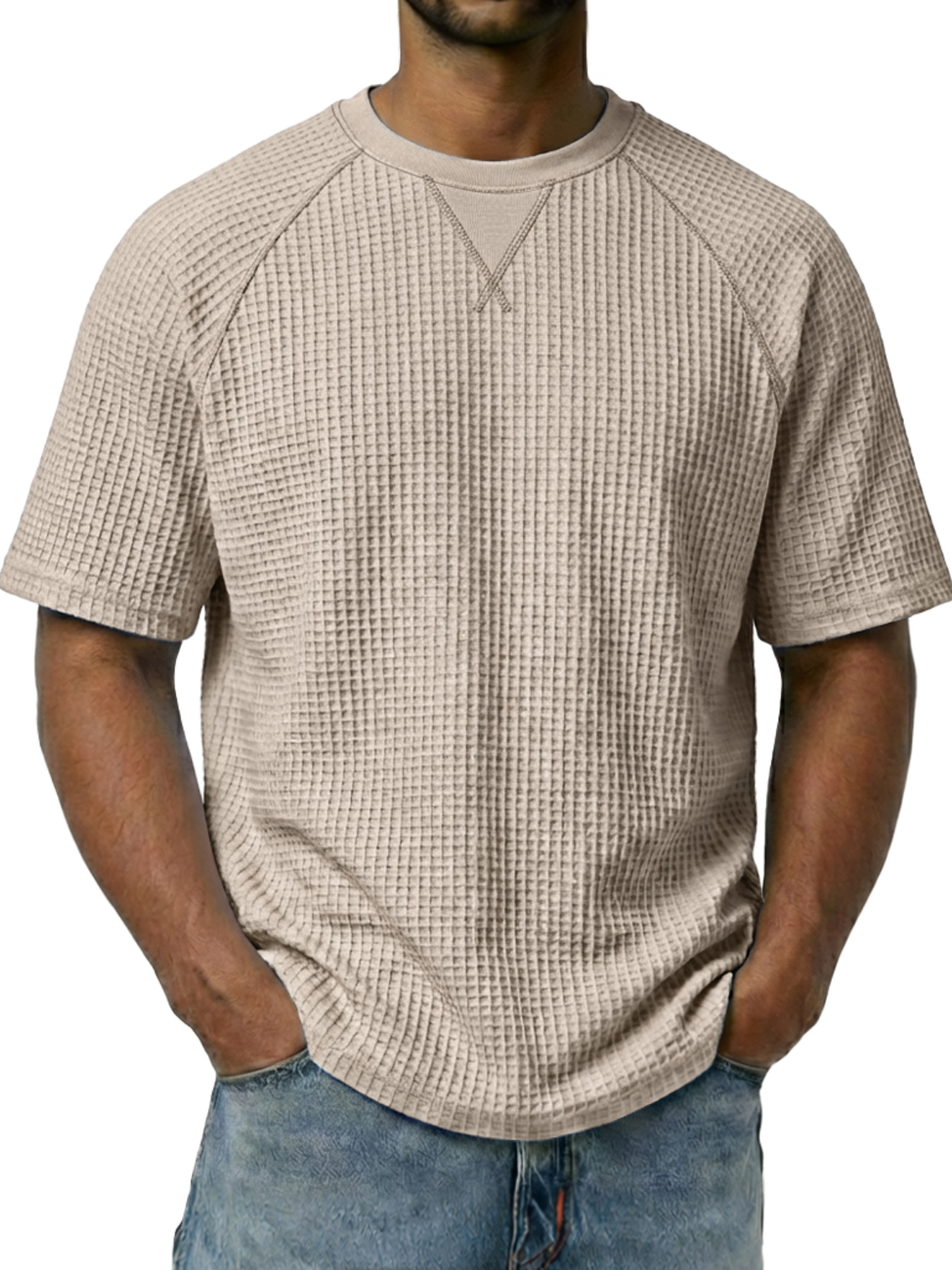 Men's Waffle-knit Crew Neck Raglan Sleeve Casual Short-sleeved T-shirt