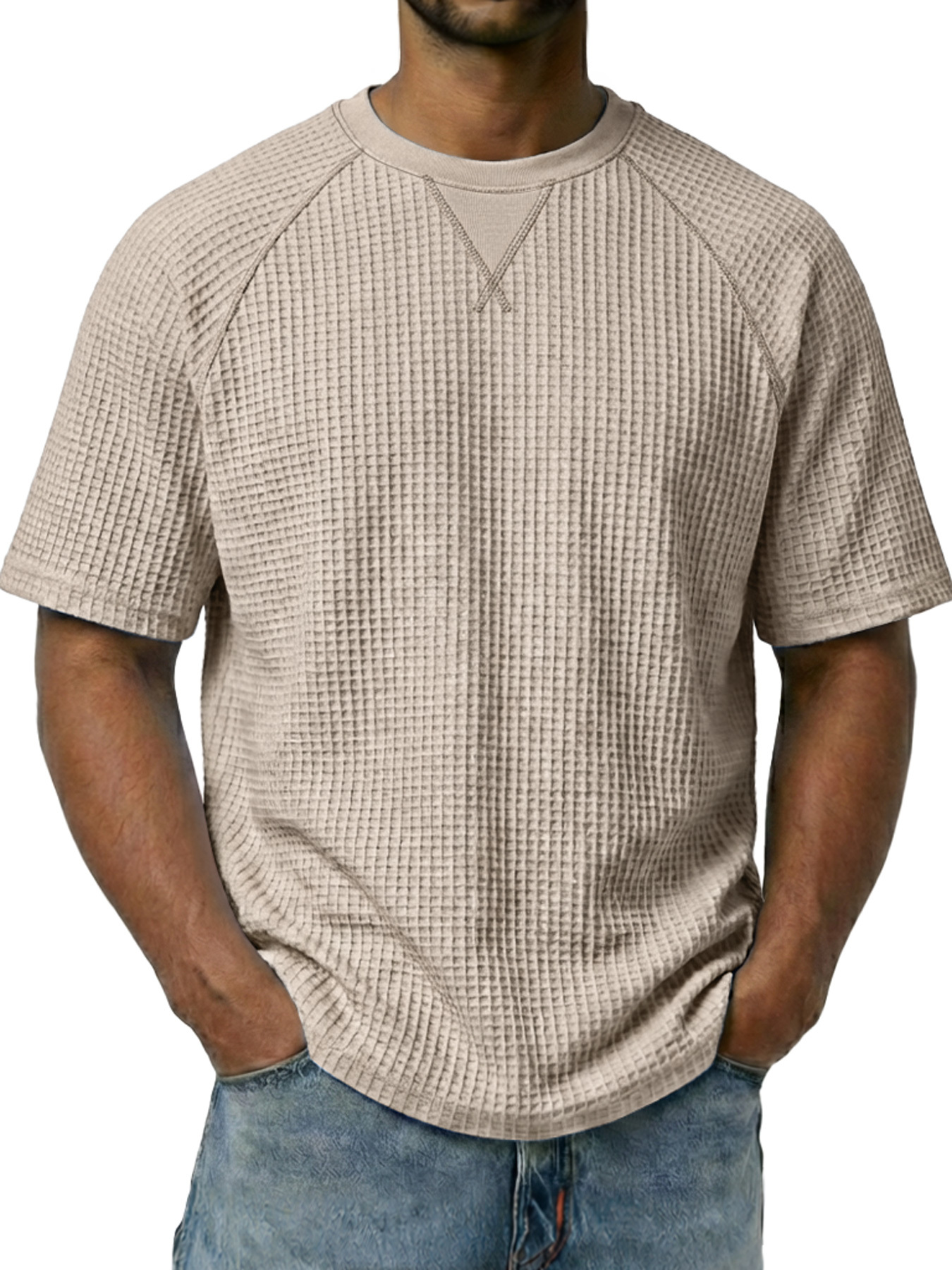 Men's Waffle-knit Crew Neck Raglan Sleeve Casual Short-sleeved T-shirt