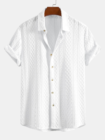 Men's Daily Casual Solid Color Textured Lapel Short-sleeved Shirt