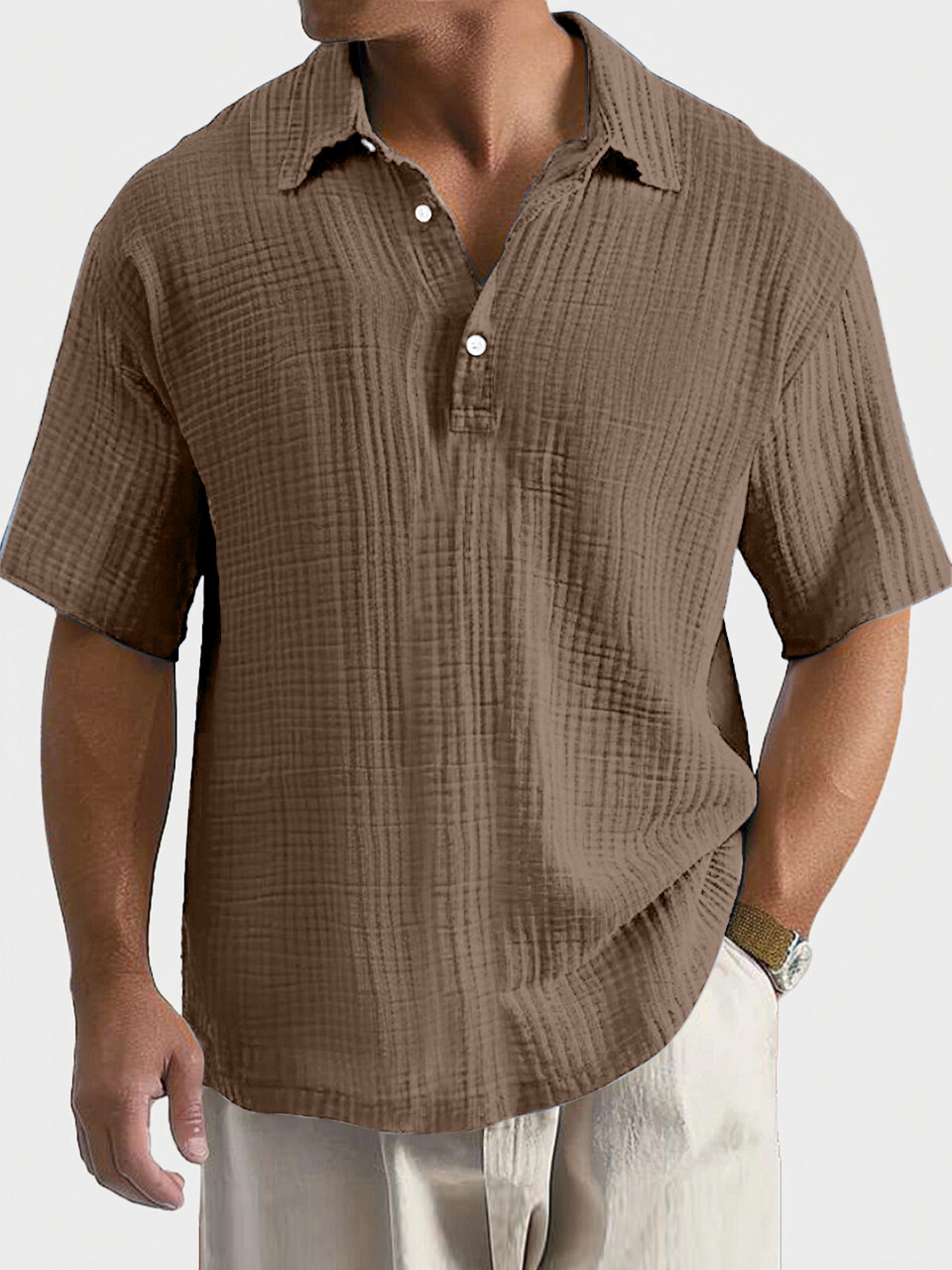 Men's Casual, Comfortable, Breathable Pleated Texture Button Short-sleeved Polo Shirt