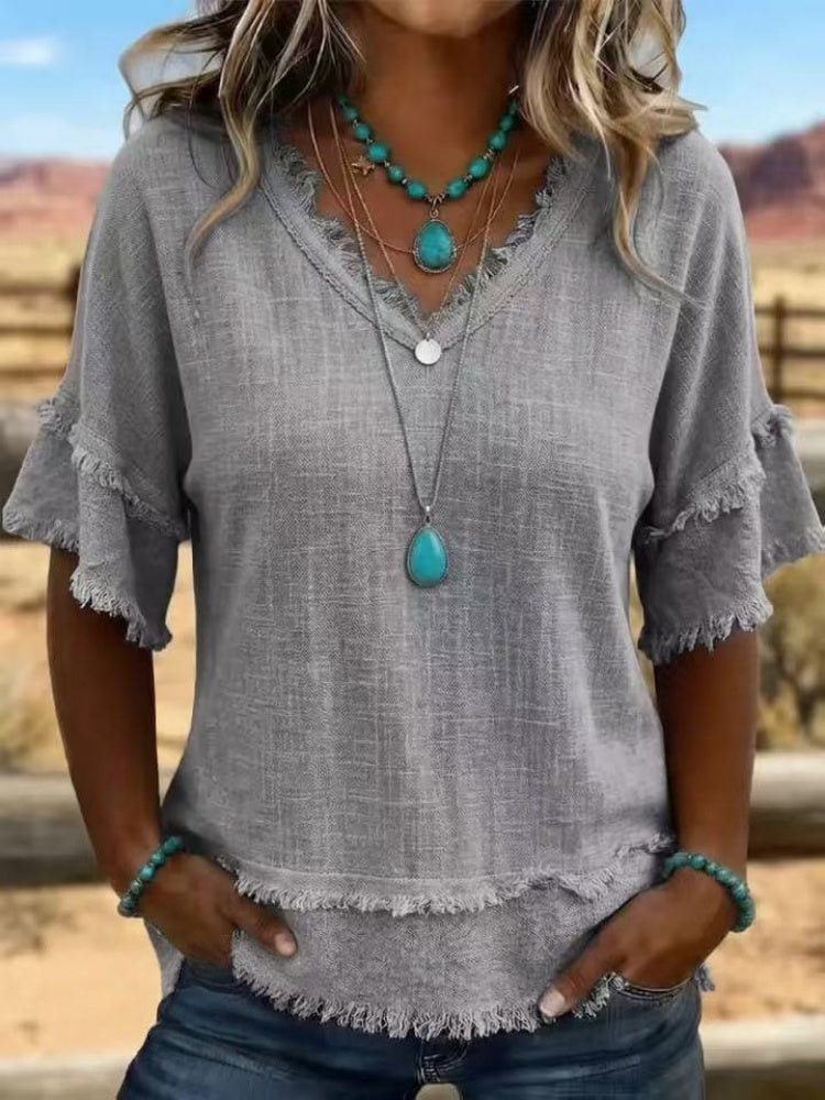  Vintage Frayed V-Neck Linen Top